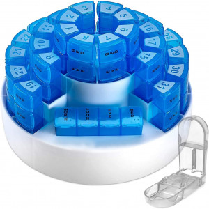 Pill box dispenser organizer, extra large hard case container. 31 daily medicine compartments. Full month holder. Weekly dosis pillbox (7). 4 Times of the day boxes. Monthly travel purse cases BS0344J
